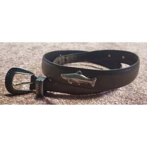 Mens Leather Belt with Metal Fish Size 38 Brown Western Fishing Geometric Buckle